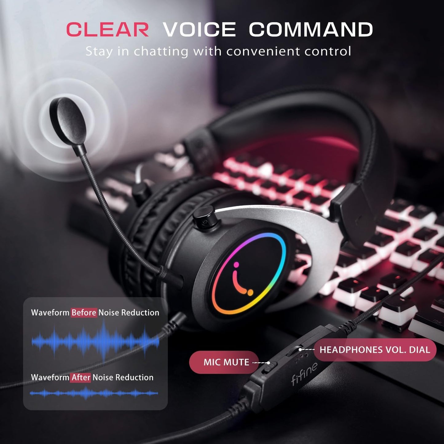 FIFINE H3 wired RGB gaming headset with detachable mic