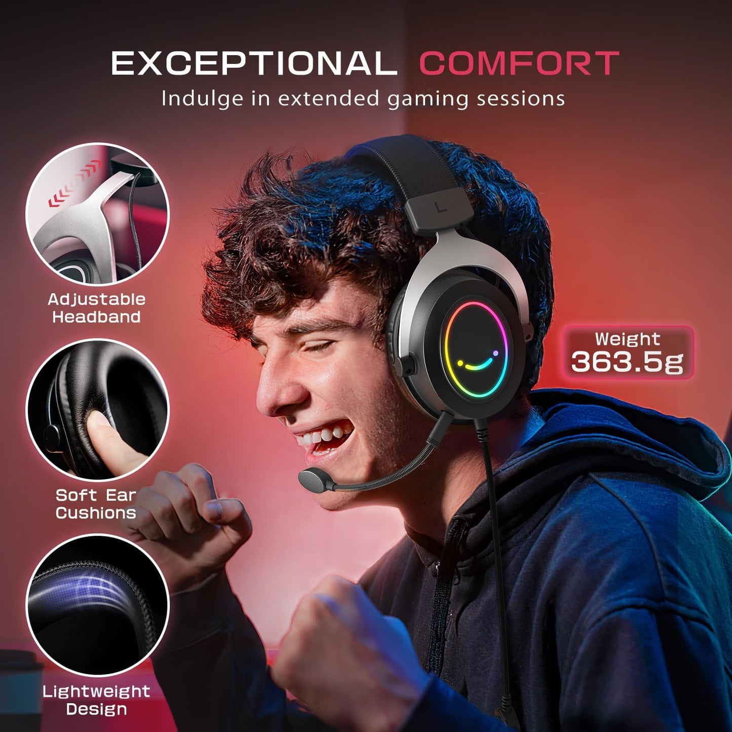 FIFINE H3 wired RGB gaming headset with detachable mic
