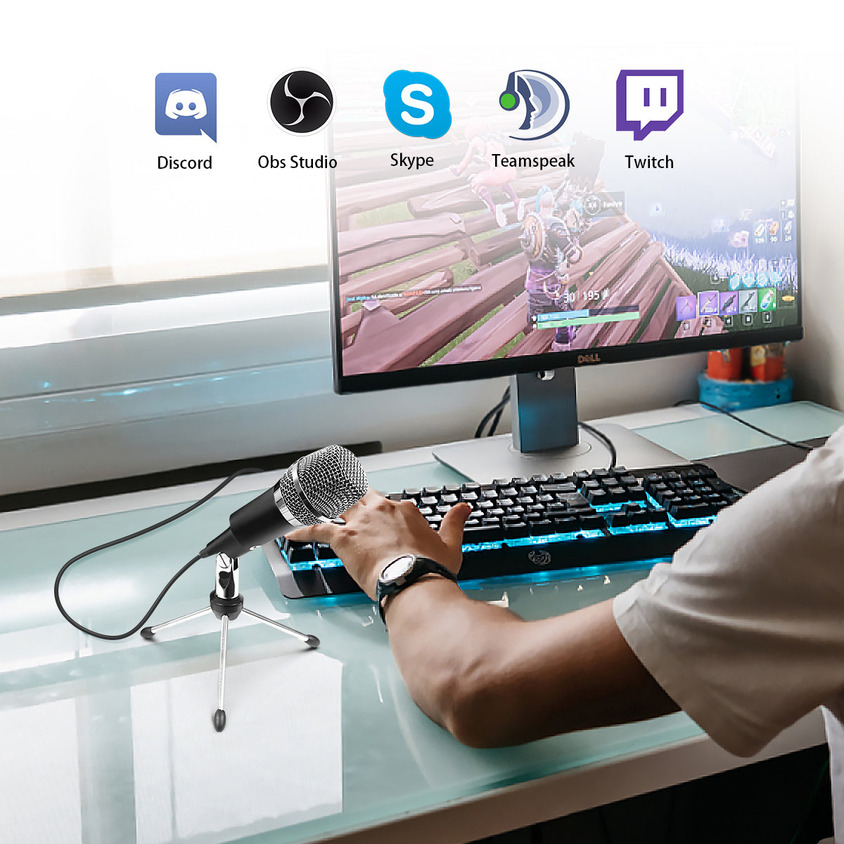 FIFINE K668 USB Microphone on desk stand, cardioid condenser USB mic